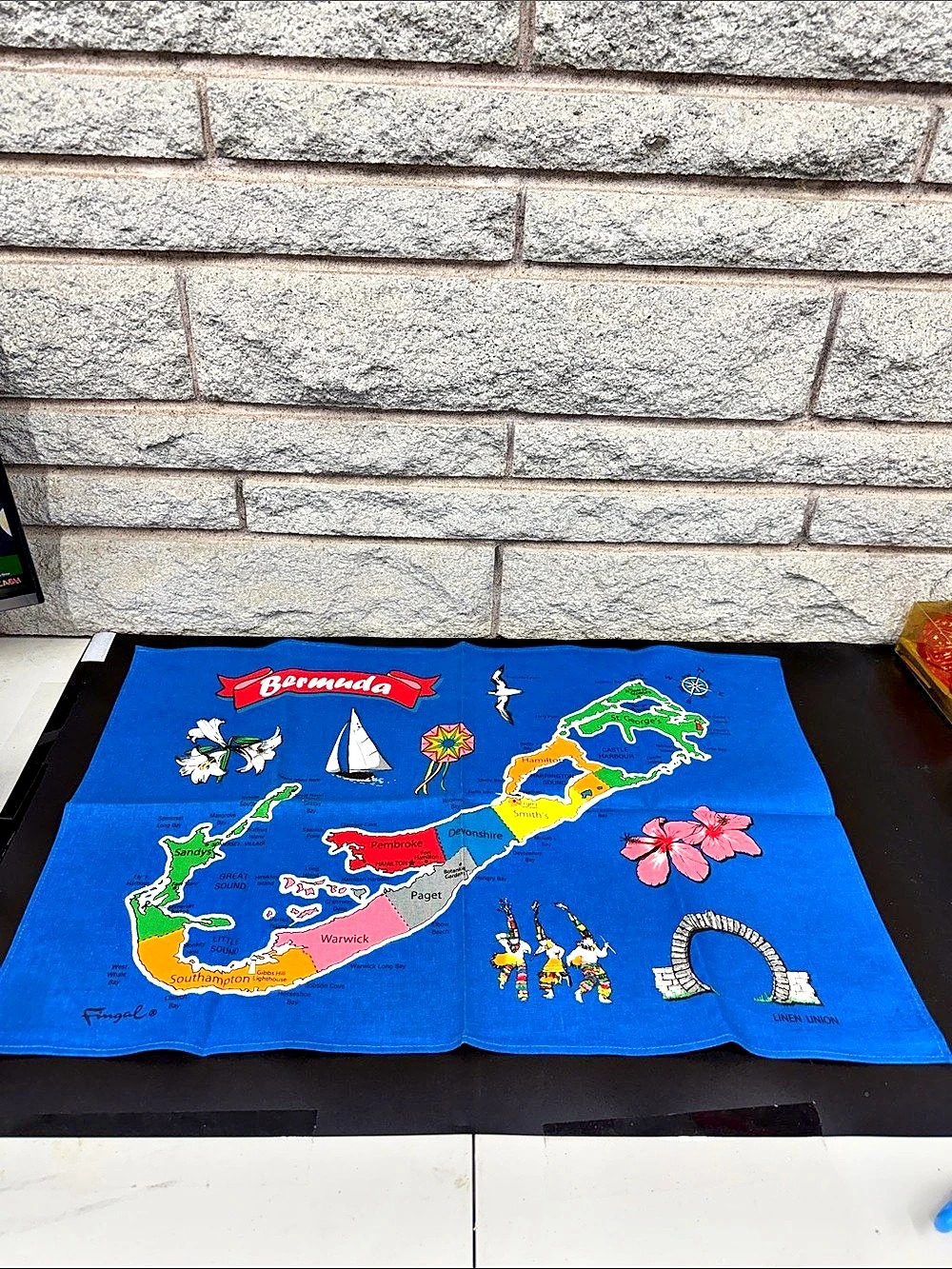 Fringal Bermuda Map Tea Towel 28x19 Blue Linen Union Souvenir New